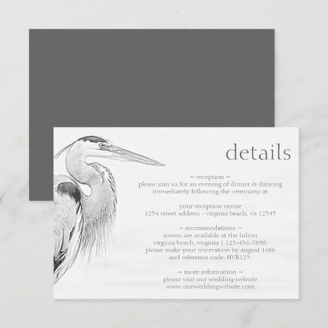 Carte D'accompagnement Beautiful Blue Heron Bird Sketch Détails du Mariag (Devant / Derrière)