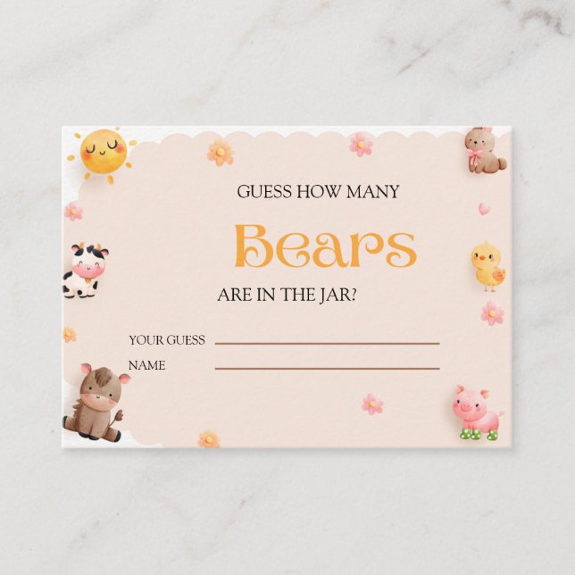 Carte D'accompagnement Beaux Animaux De Ferme Baby shower Devinez Combien (Devant)