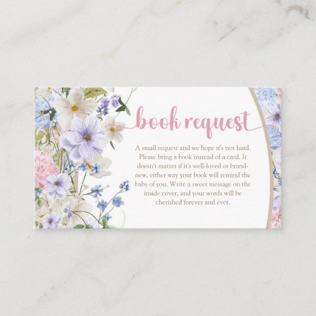 Carte D'accompagnement Bébé en fleur rose violet demande de carnet de liv (Devant)