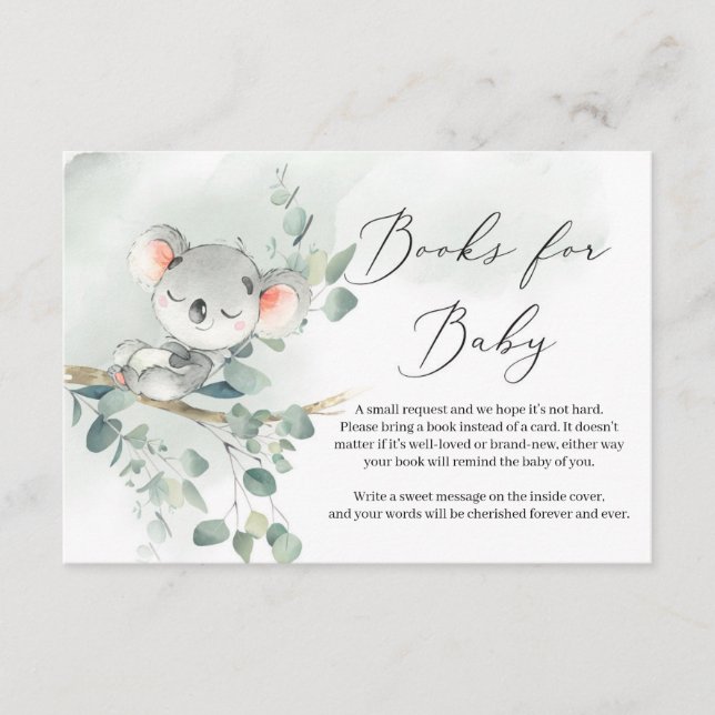Carte D'accompagnement Bébé koala vert eucalyptus feuille Livres pour béb (Devant)