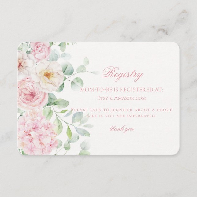 Carte D'accompagnement Bébé rose floral en fleurs Hydrangea Registre bébé (Devant)