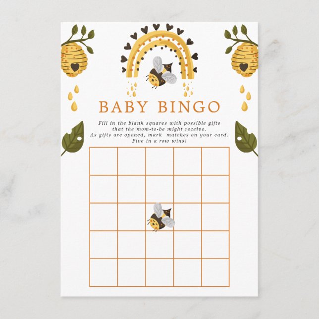 Carte D'accompagnement Bee Honeypeb Baby shower Bumblebee Bingo Jeu (Devant)
