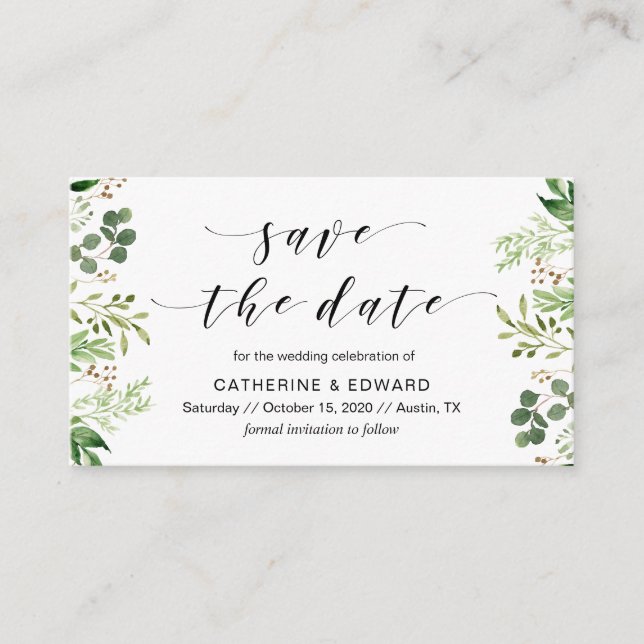 Carte D'accompagnement Belle Elégante Verdure, Noir, Sauvez la date (Devant)