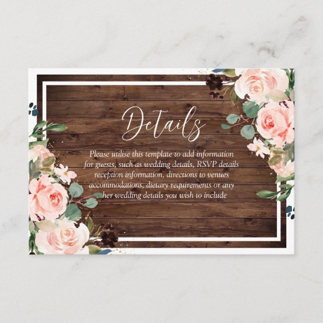 Carte D'accompagnement Belles Fleurs de Bleu et Mariage de Bois Rustique (Devant)