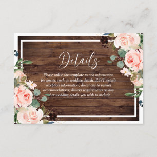 Carte D'accompagnement Belles Fleurs de Bleu et Mariage de Bois Rustique