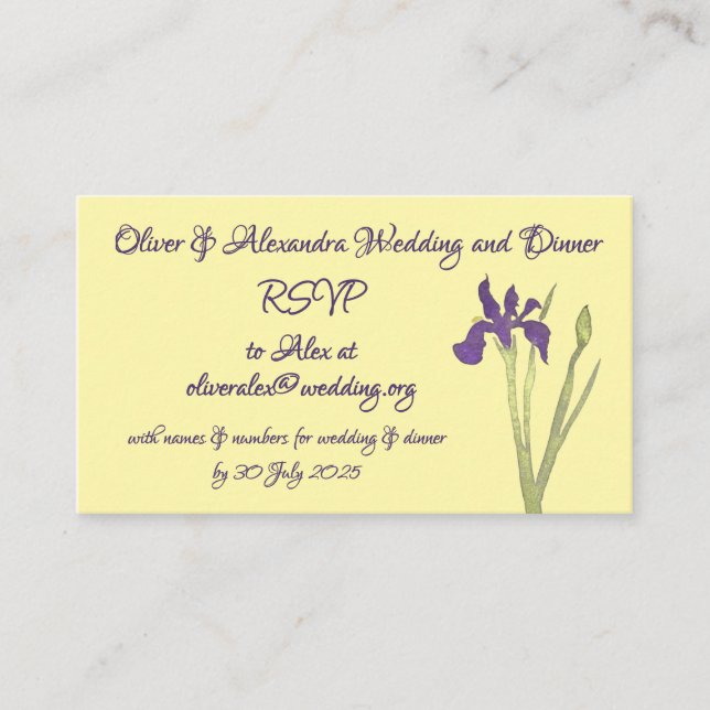 Carte D'accompagnement Beurre Jaune & Purple Iris Mariage d'aquarelle (Devant)