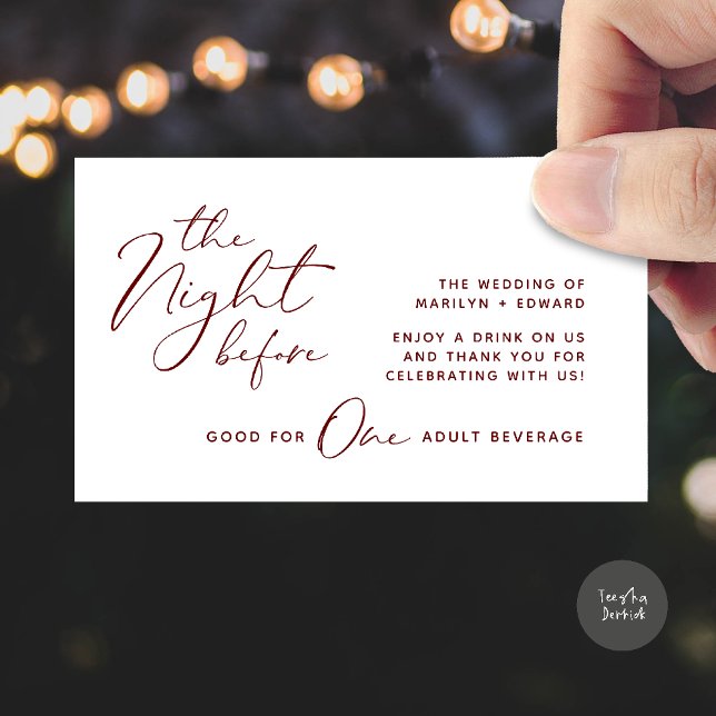 Carte D'accompagnement Billet boisson, Boissons pour adultes, Soirée de m (The Night Before, Drink Ticket, Adult Beverage, Modern Wedding Party Enclosure Card Burgundy Wine)
