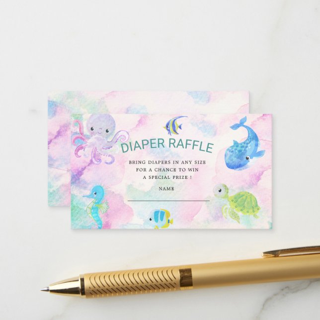 Carte D'accompagnement Billet Cute Under the Sea Diaper Raffle (Devant/Arrière en situation)
