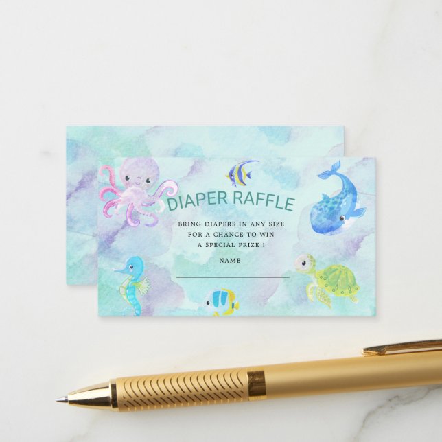 Carte D'accompagnement Billet Cute Under the Sea Diaper Raffle (Devant/Arrière en situation)