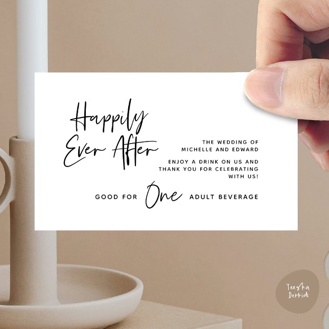 Carte D'accompagnement Billet de boisson, boisson pour adultes, heureux p (Modern Wedding Drink Ticket, Adult Beverage, Happily Ever After Enclosure Card in White Black)