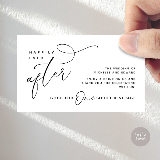 Carte D'accompagnement Billet de boisson pour adulte Après pour toujours  (Drink Ticket One Adult Beverage Romantic Wedding Happily Ever After Dinner Party Black White)