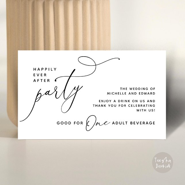 Carte D'accompagnement Billet de boisson pour adulte Heureux pour toujour (Drink Ticket One Adult Beverage Romantic Wedding Happily Ever After Dinner Party Black White)