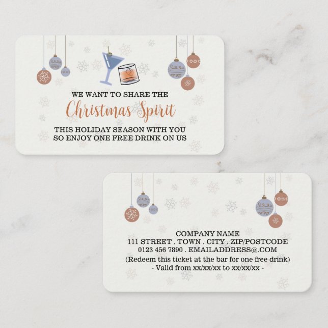 Carte D'accompagnement Billet de boissons de fête «Esprit de Noël» (Devant / Derrière)