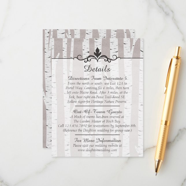 Carte D'accompagnement Birch Tree Rustic Mariage Détails / Directions (Devant/Arrière en situation)