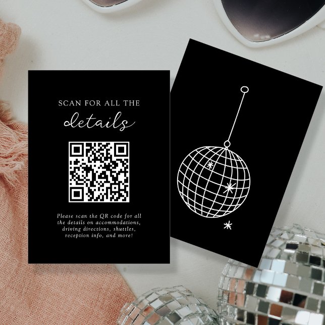 Carte D'accompagnement Black | Détails du Mariage de boule Disco Code QR (Créateur téléchargé)