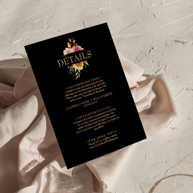 Carte D'accompagnement Black Floral Fall Boho Mariage Détails (Créateur téléchargé)