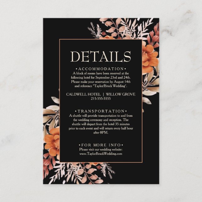 Carte D'accompagnement Black Floral Fleur sauvage Fall Boho Détails du Ma (Devant)