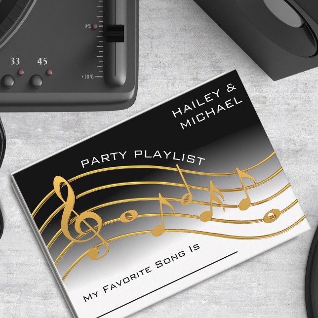 Carte D'accompagnement Black & Gold Music Note Échelle Mariage demande de (black and white ombre party / wedding song request card with gold music scale)