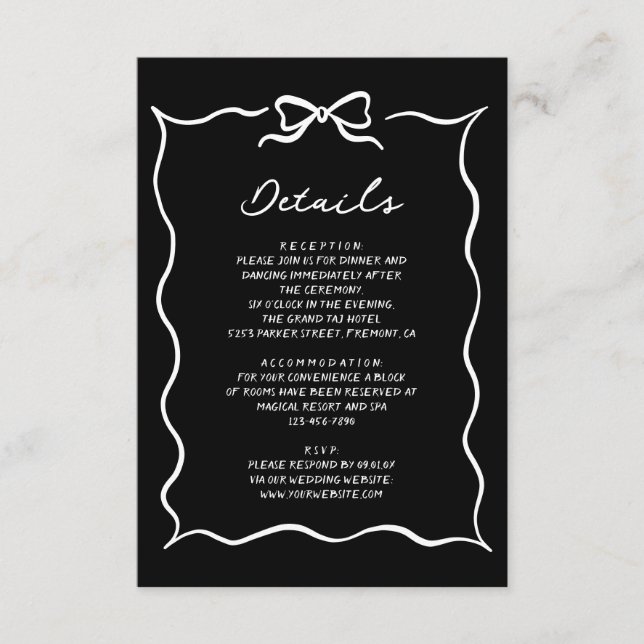 Carte D'accompagnement Black Hand Drawn White Bow Wedding Details (Devant)