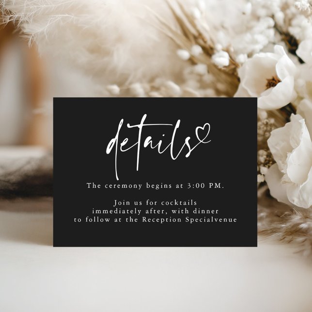 Carte D'accompagnement Black Modern Minimalist Heart Wedding Details  (Minimalist Black Wedding Details Card)