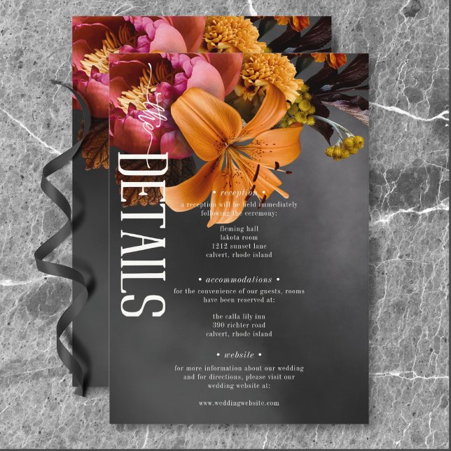 Carte D'accompagnement Black Moody Gothique Orange Lily Détails du Mariag (Black Moody Gothic Orange Lily Wedding Details Enclosure Card)