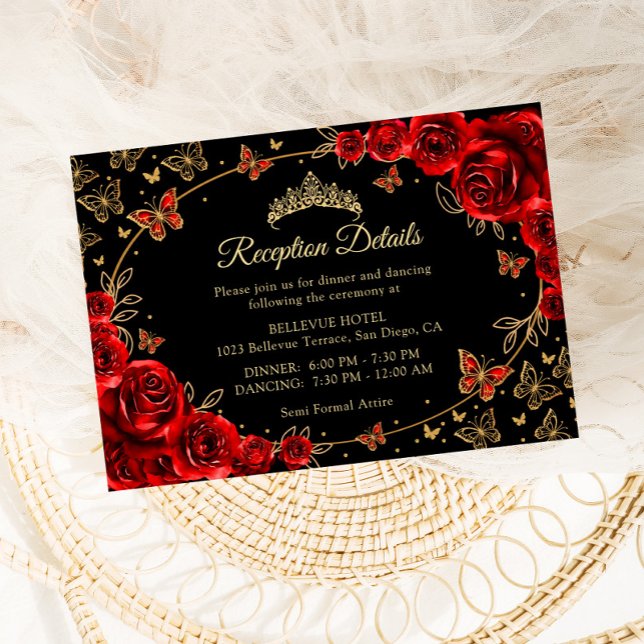 Carte D'accompagnement Black Red Gold Quinceanera Reception Details (Créateur téléchargé)