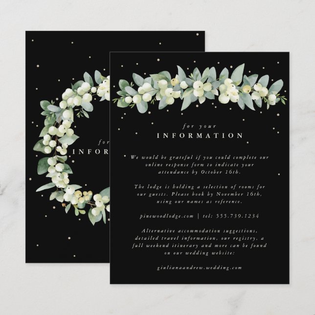 Carte D'accompagnement Black Snowberry+Eucalyptus Garland Infos Mariage (Devant / Derrière)