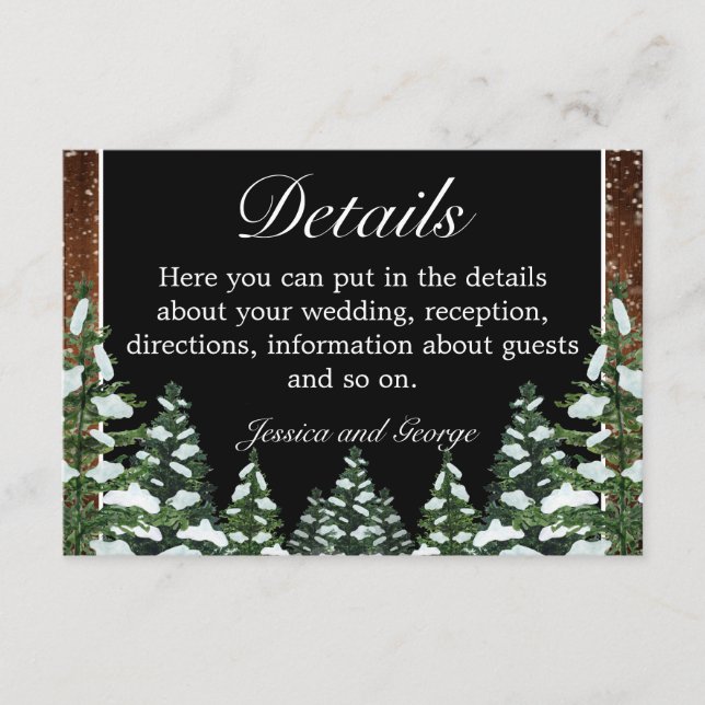 Carte D'accompagnement Black Snowy Wood & Forest Pine Détails du Mariage (Devant)