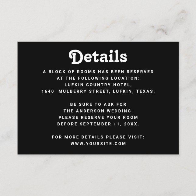 Carte D'accompagnement Black Wedding Details | Minimalist Information (Devant)