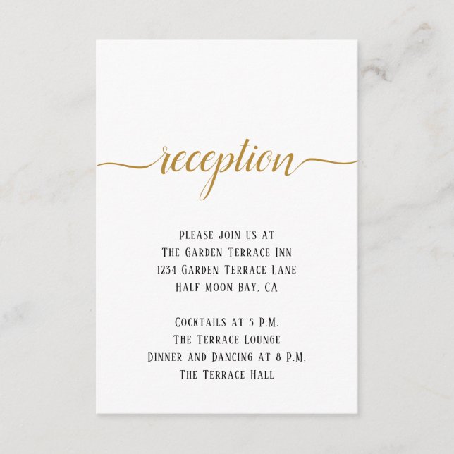 Carte D'accompagnement Black White Gold Script Réception de mariage minim (Devant)