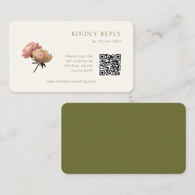 Carte D'accompagnement Blanc et olive | Chic Rose mariage RSVP QR Code (Devant / Derrière)