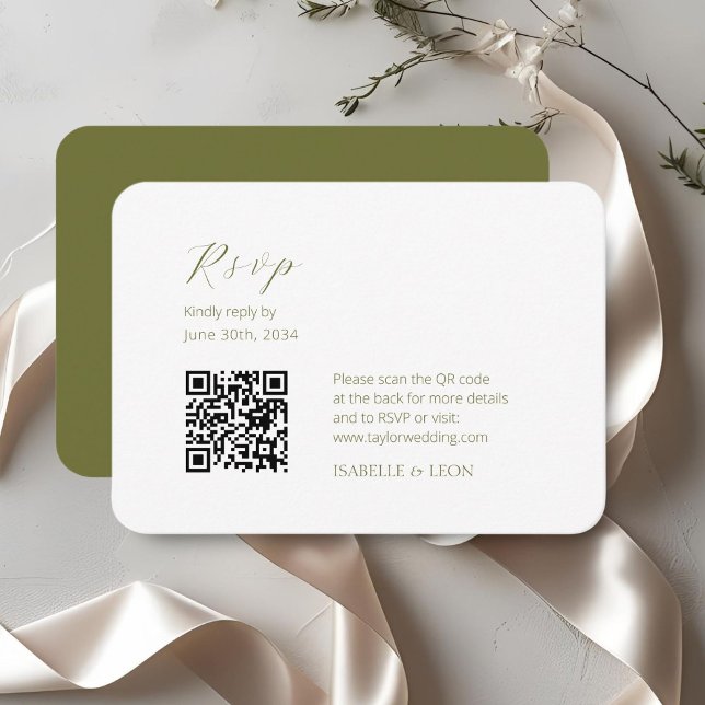 Carte D'accompagnement Blanc et olive | Mariage de code QR simple Chic (Créateur téléchargé)