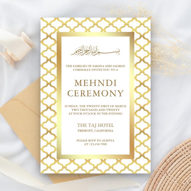 Carte D'accompagnement Blanc et Or Quatrefoil Marocain Mehndi Musulman (Créateur téléchargé)