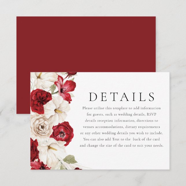 Carte D'accompagnement Blanc & Rouge Superbe Mariage Floral Détails (Devant / Derrière)