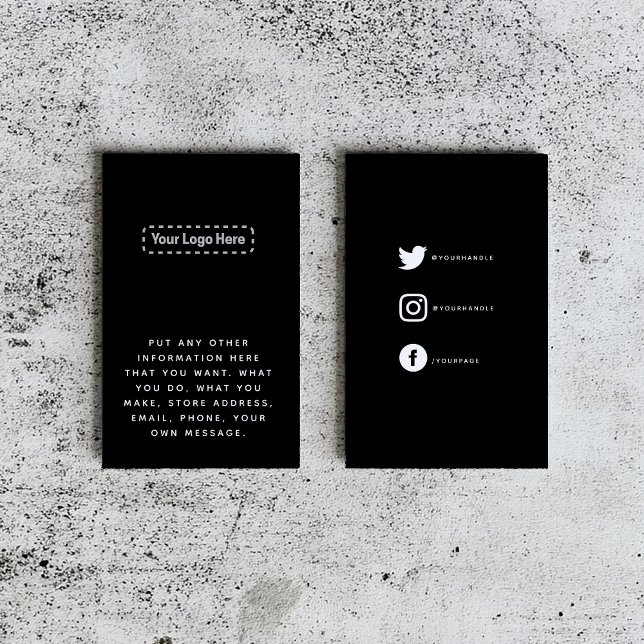 Carte D'accompagnement Blanc sur noir votre logo liens sociaux (Sleek black business card template with space for a logo and social media icons)