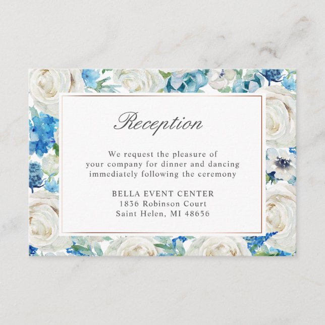 Carte D'accompagnement Bleu Blanc Floral Bordure Mariage Détails Réceptio (Devant)