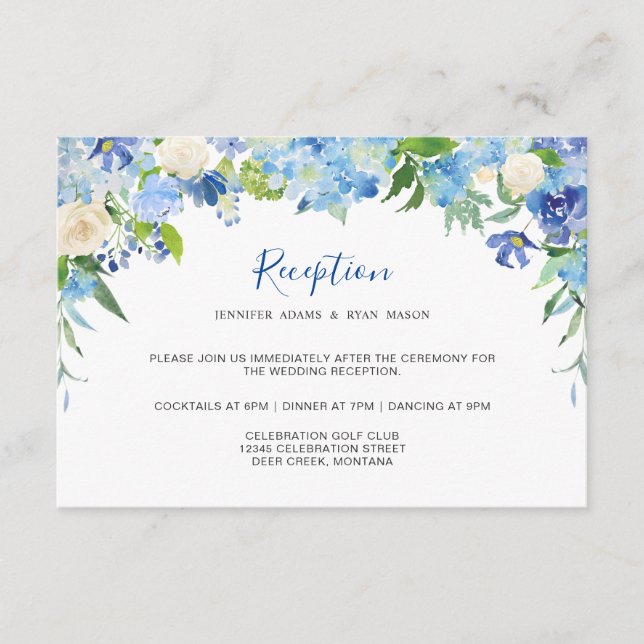 Carte D'accompagnement Bleu clair Hydrangea & Greenery Réception de maria (Devant)
