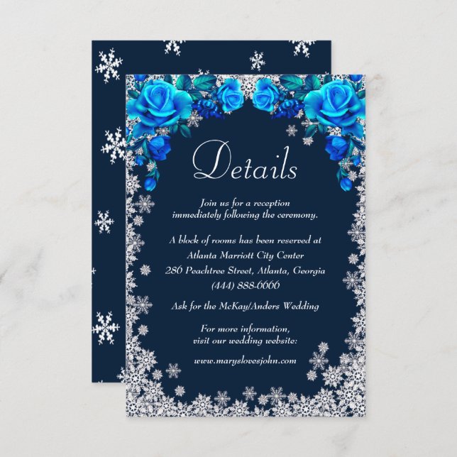 Carte D'accompagnement Bleu clair Roses Snowflake Mariages Détails (Devant / Derrière)