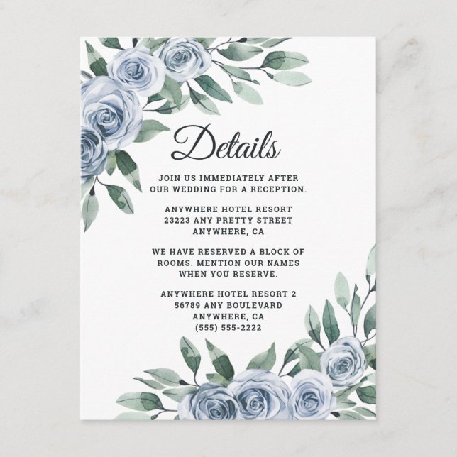 Carte D'accompagnement Bleu Dusty Elegant Floral Boho Rose Rustique Maria (Devant)
