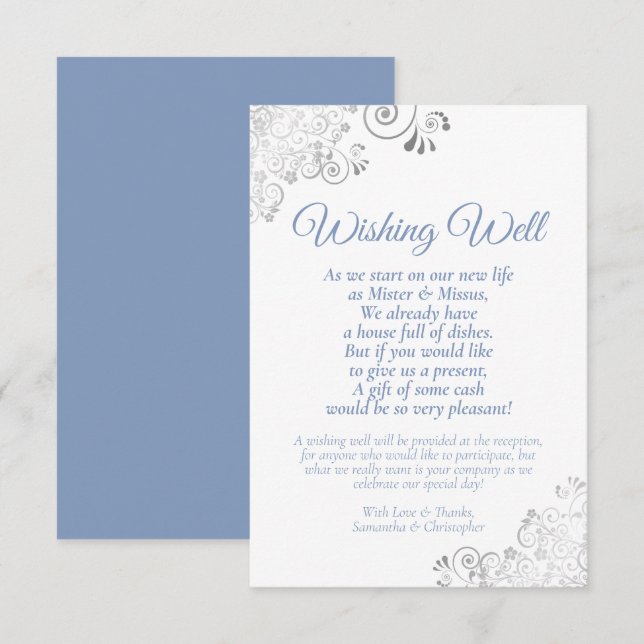 Carte D'accompagnement Bleu Dusty Silver Mariage blanc en attente bien po (Devant / Derrière)