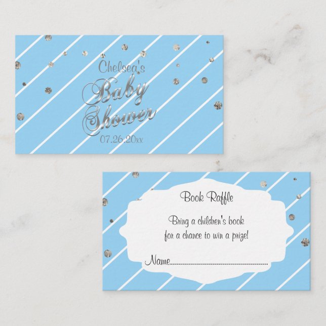 Carte D'accompagnement Bleu et Argent - Baby shower Livre Raffle (Devant / Derrière)