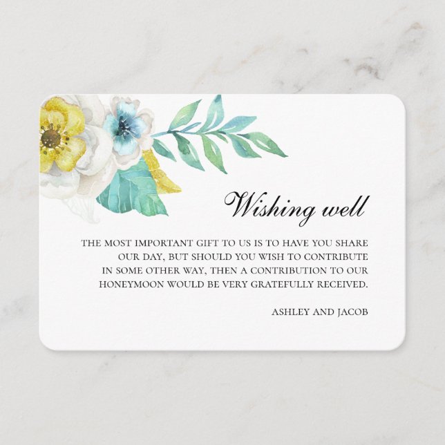 Carte D'accompagnement Bleu et jaune souhaitant bien. Mariage floral (Devant)