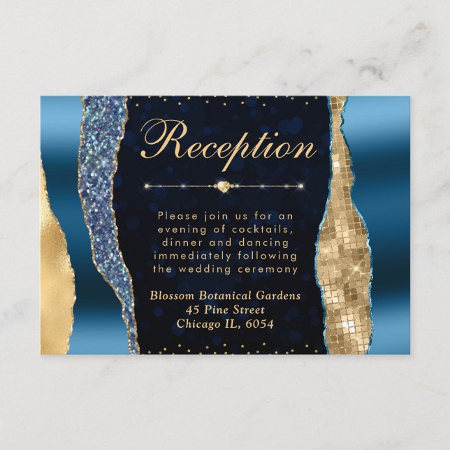 Carte D'accompagnement Bleu et or Glam Tears Bokeh Mariage (Devant)