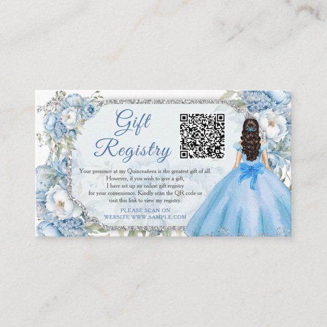 Carte D'accompagnement Bleu Floral Argent Quinceañera QR Registre cadeau (Devant)