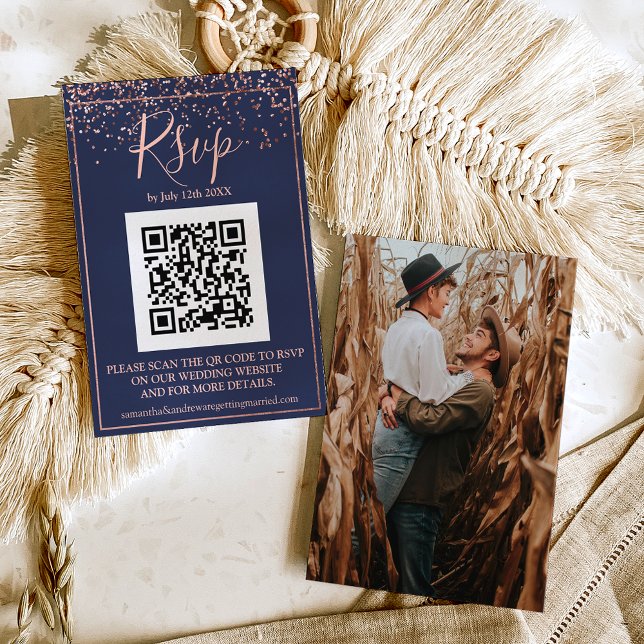 Carte D'accompagnement bleu marine Rose en or confetti QR code rsvp (Créateur téléchargé)