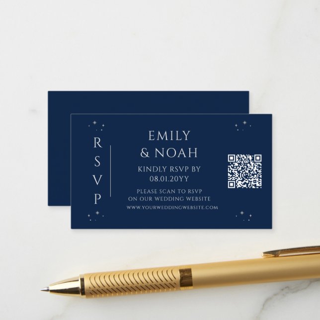Carte D'accompagnement Bleu mystique budget argent QR Code RSVP (Devant/Arrière en situation)