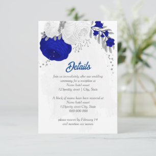Carte D'accompagnement bleu royal et fleurs blanches argent mariage botan
