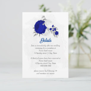 Carte D'accompagnement bleu royal et fleurs blanches argent mariage botan