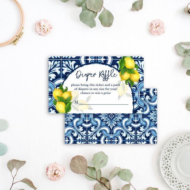 Carte D'accompagnement Bleu tuiles et citron baby shower tombole (Blue tiles and lemon baby shower diaper raffle enclosure card Italian Amalfi Mediterranean raffle)