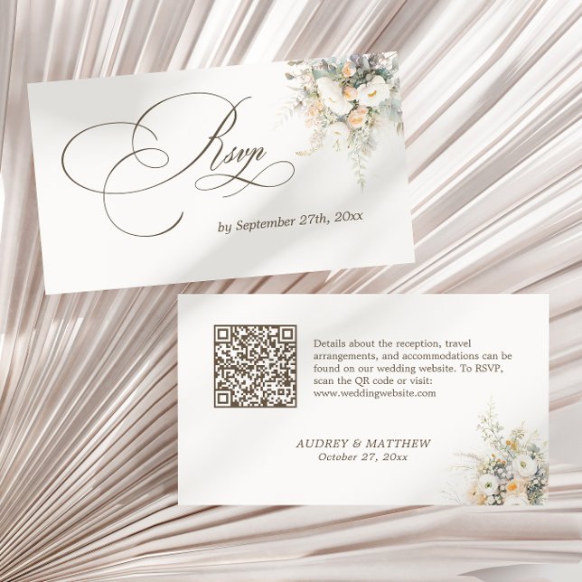 Carte D'accompagnement Blooms blancs rustiques Mariage RSVP QR Code (Créateur téléchargé)